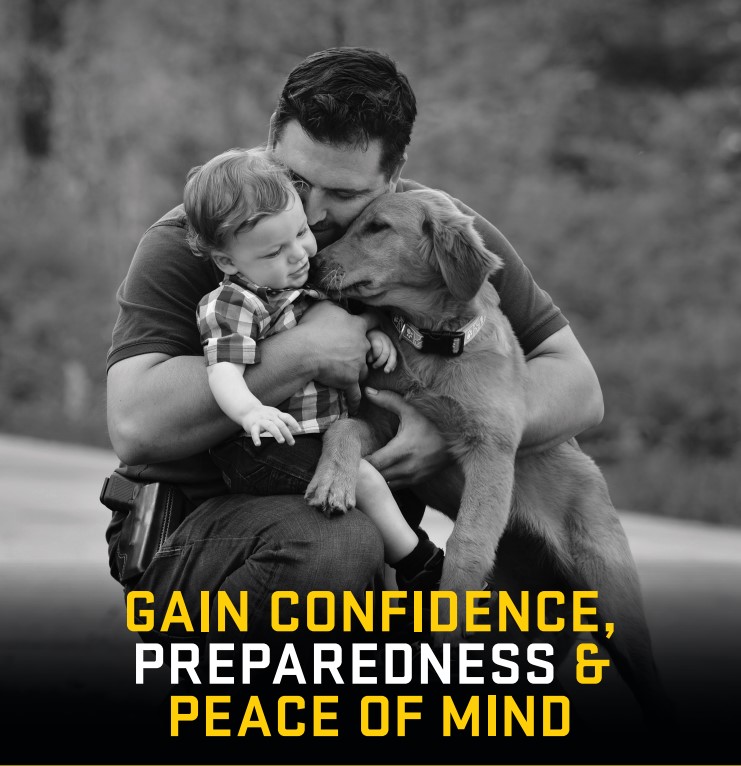 A man hugs a toddler and a golden retriever, conveying warmth and security. The text emphasizes gaining confidence and peace of mind.