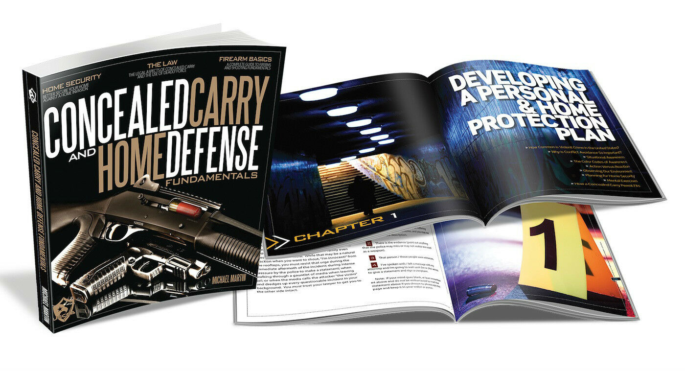 Book on concealed carry and home defense fundamentals, open to a chapter discussing personal and home protection plans, featuring relevant visuals.