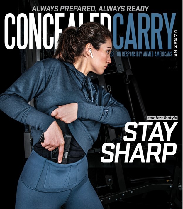 Woman wearing athletic clothing demonstrates concealed carry, drawing a firearm from her waistband. The image highlights personal safety and readiness.