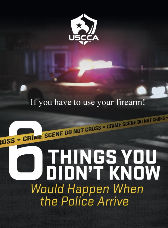 USCCA graphic highlighting six critical considerations when involving a firearm and police response, set against a nighttime crime scene backdrop.